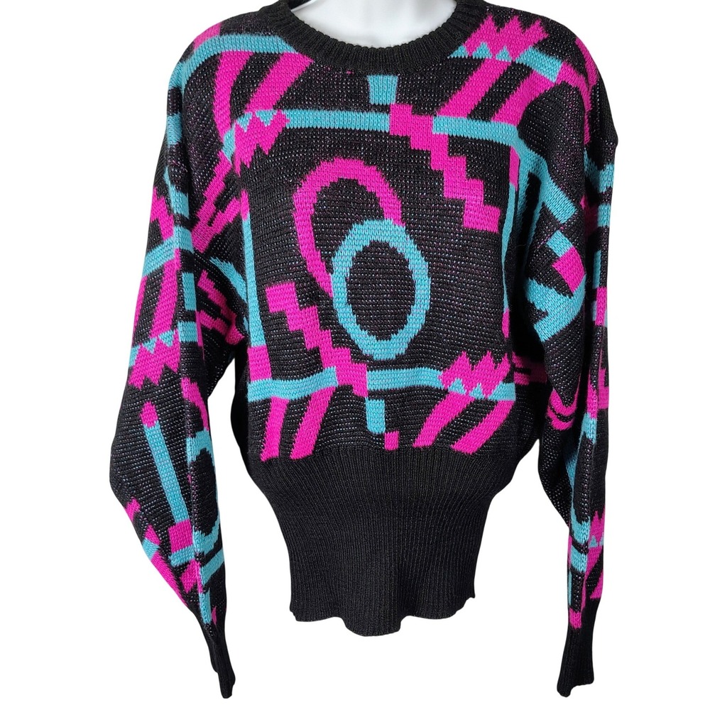 Vintage Edelweiss 80s Neon Geometric Knit Sweater Womens M wool blend vaporwave